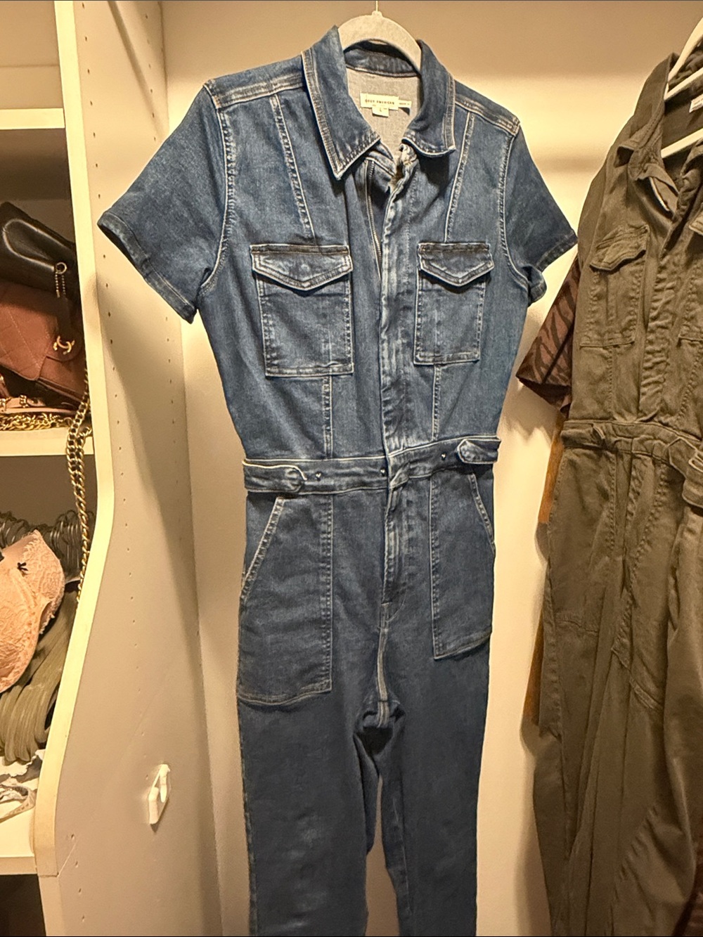 Slim Short-Sleeve Denim Jumpsuit Jeans - Blue